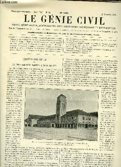 Le gnie civil tome LXV n 26 - Constructions civiles : la nouvelle gare badoise, a Bale, Art militaire : artillerie lourde franaise (suite et fin) par A. Dumas, Hygine : pniches amnages pour le transport des blesss par l'union des femmes de France