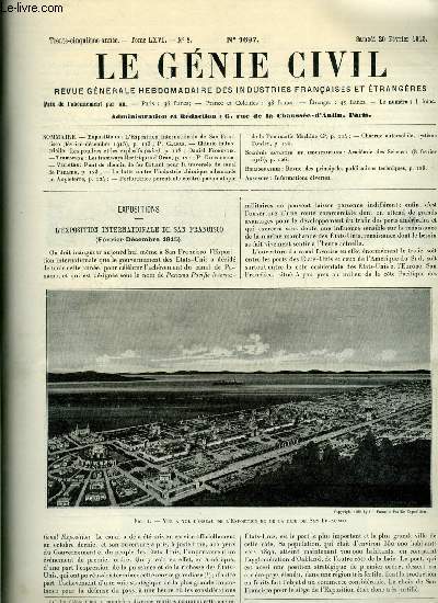 Le gnie civil tome LXVI n 8 - L'exposition internationale de San Francisco par P. Calfas, Les poudres et les explosifs (suite) par Daniel Florentin, Les tramways lectriques d'Oran par P. Caufourier, Pont de chemin de fer flottant pour la traverse