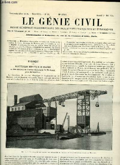 Le gnie civil tome LXVI n 18 - Manutention mcanique du charbon et des cendres de l'usine lectrique de Hackney prs de Londres, L'utilisation du sang des cendres d'abat des troupes en campagne par Paul Razous, La runion annuelle de l'institution