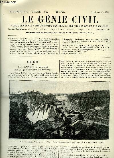 Le gnie civil tome LXVII n 4 - Electricit : la production de l'lectricit dans la rgion occidentale des Etats Unis, Etudes conomiques : vers l'expansion industrielle de la France, Art militaire : la mise a feu par l'lectricit des mines sous marine