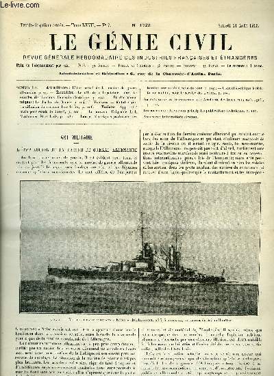 Le gnie civil tome LXVII n 7 - Art militaire : l'tat actuel de la marine de guerre allemande, Electricit : le role du dispatcher dans les grandes distributions d'nergie lectrique, Etudes conomiques : le charbon du Donetz par J. Vichniak