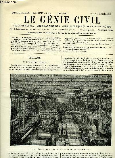 Le gnie civil tome LXVII n 21 - Mtallurgie : la fabrication des obus par Ch. Dantin, Chemins de fer : les chemins de fer en Angleterre, historique, matriel, fonctionnement (suite) par J. Carlier et H. Dedroog, Travaux publics : le pont en arc de Hell