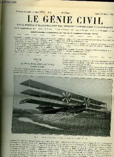 Le gnie civil tome LXVIII n 4 - Aviation : le nouvel hydro-aroplane triplan, systme Curtiss par Ch. Dantin, Constructions navales : les tendances actuelles dans la construction des sous marins, Travaux publics : les portes de l'cluse de Keokuk