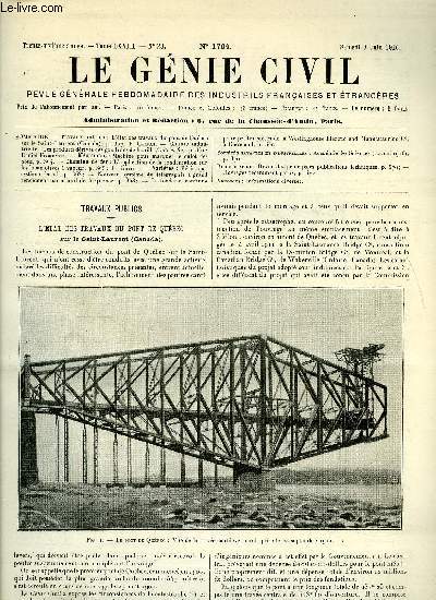 Le gnie civil tome LXVIII n 23 - Travaux publics : l'tat des travaux du pont de Qubec sur le Saint Laurent par P. Calfas, Chimie industrielle : les produits drivs des goudrons de houille (suite et fin) par Daniel Florentin, Mcanique : machine