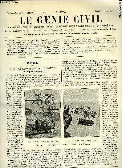 Le gnie civil tome LXIX n 7 - Mcanique : le transbordeur funiculaire a voyageurs du Niagara, Electricit : la traction lectrique en Angleterre (suite et fin) par J. Carlier et H. Dedroog, Rsistance des matriaux : flexion des rails de tramway