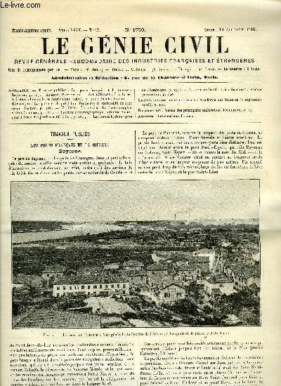 Le gnie civil tome LXIX n 12 - Travaux publics : les ports franais et la guerre : Bayonne par Auguste Pawlowski, Art militaire : les fuses des obus allemands et autrichiens (suite) par Nicolas Flamel, Mcanique : les palmers de prcision, tude