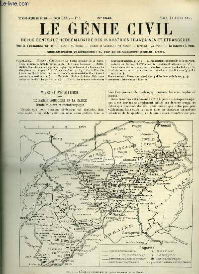 Le gnie civil tome LXXI n 3 - Le bassin houiller de la Sarre, tude minire et mtallurgique par J. Tribot Laspire, Nouvelle mthode pour le rglage de la tension des haubans des aroplanes au moyen d'un frquentiomtre par Carlo Maurilio Lrici