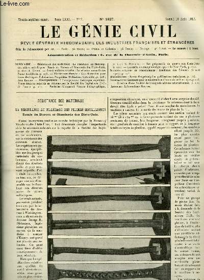 Le gnie civil tome LXXI n 7 - La rsistance au flambage des piliers mtalliques, essais du Bureau of Standards des Etats Unis par A. Goupil, La runion annuelle des Naval Architects, Les lectrodes pour fours lectriques, fabrication, proprits