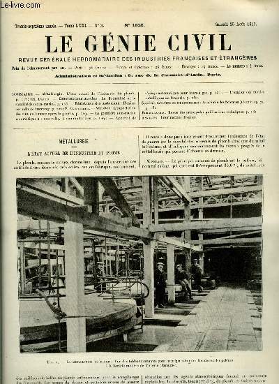 Le gnie civil tome LXXI n 8 - L'tat actuel de l'industrie du plomb par Ch. Dantin, La flottabilit et la stabilit des sous marins, Flexion des rails de tramway par P. Caufourier, L'exportation des vins de France aprs la guerre, La premire sous