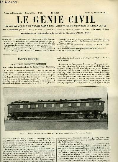 Le gnie civil tome LXXI n 11 - La nouvelle locomotive lectrique pour trains de marchandises du Pennsylvania Railroad, La question du pain en temps de guerre, l'Etat, le consommateur, le meunier, conclusions par L. Lindet, Cuirasses, casques