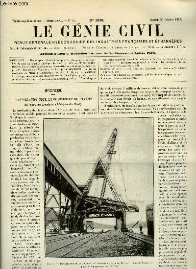 Le gnie civil tome LXXI n 16 - L'installation pour le chargement du charbon du port de Durban (Afrique du Sud), Les thories modernes sur la constitution chimique des houilles par Rouland et Versepuy, Le rseau navigable de Milan a l'Adriatique