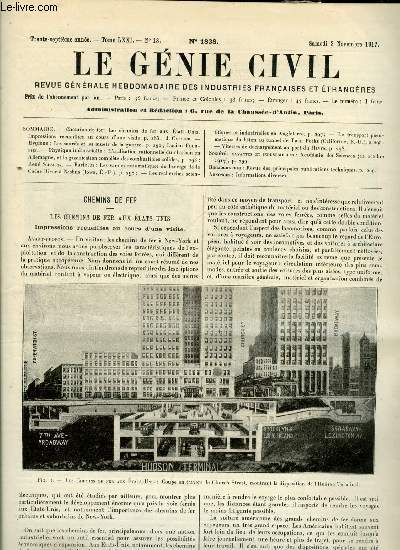 Le gnie civil tome LXXI n 18 - Les chemins de fer aux Etats Unis, Impressions recueillies au cours d'une visite par J. Carlier, Les sourds et les muets de la guerre par Lucien Fournier, L'utilisation rationnelle du charbon en Allemagne