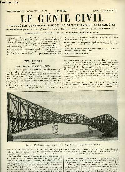 Le gnie civil tome LXXI n 20 - L'achvement du pont de Qubec, Le dveloppement des industries minire et mtallurgique en Italie, Les chemins de fer aux Etats Unis, impressions recueillies au cours d'une visite (suite et fin) par J. Carlier