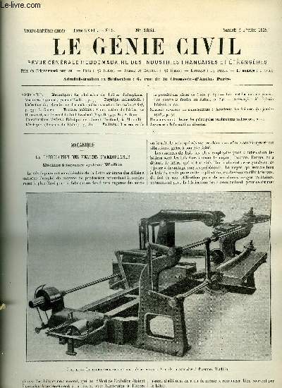 Le gnie civil tome LXXII n 5 - Mcanique : la fabrication des hlices d'aroplanes, machines a faonner, systme Wadkin, Physique industrielle : l'aration des chemins de fer mtropolitains souterrains (suite et fin) par A. Goupil, Travaux publics