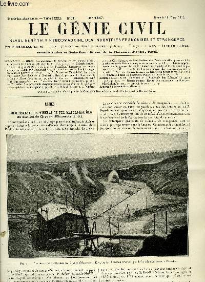 Le gnie civil tome LXXII n 11 - Mines : les gisements de minerai de fer mangansifre du district de Cuyuna, Science industrielle : organisation scientifique de l'usinage, recherche du mode d'emploi conomique d'un acier a outils dans les travaux