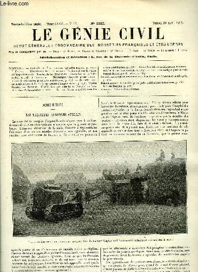 Le gnie civil tome LXXII n 16 - Agriculture : les tracteurs agricoles anglais par P. Calfas, Chemins de fer : le nouveau rglement sur la Police et l'Exploitation des chemins de fer (suite et fin) par J. Trvires, Mcanique : nouvelle presse