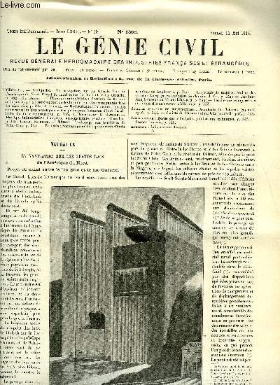 Le gnie civil tome LXXII n 19 - Navigation : la navigation sur les Grands Lacs de l'Amrique du Nord, projet de canal entre lac Eri et le lac Ontario par Ch. Dantin, Physique industrielle : systme de flotteur rduisant les pertes par vaporation