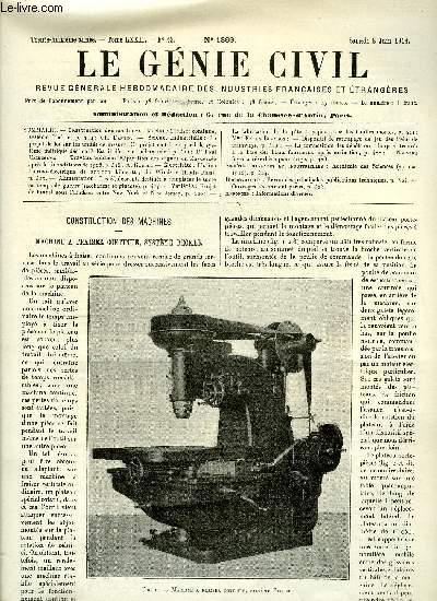 Le gnie civil tome LXXII n 23 - Construction des machines : machine a fraiser continue, systme Becker par Ch. Dantin, Science industrielle : le projet de loi sur les units de mesure, ce projet met-il en pril le systme mtrique dcimal ?