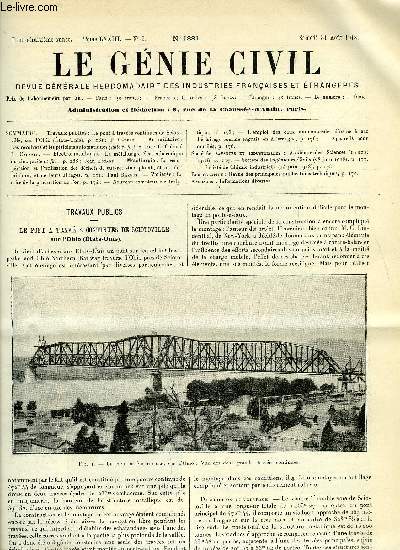 Le gnie civil tome LXXIII n 9 - Travaux publics : le pont a traves continues de sciotoville sur l'Ohio par P. Calfas, Art militaire : les revolvers et les pistolets automatiques (suite et fin) par le lieutenant colonel L. Cabans, Electromtallurgie