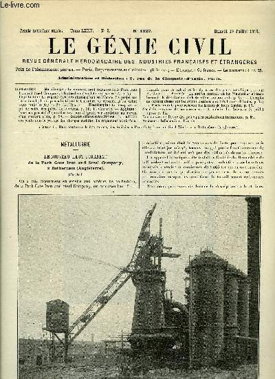 Le gnie civil tome LXXV n 3 - Mtallurgie : le nouveau haut fourneau de la Park Gate Iron and Steel Compagny a Rotherham, Lgislation : le rgime lgal des chutes d'eau en France, le projet sur les usine hydrauliques adopt par la chambre des dputs