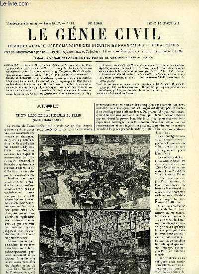 Le gnie civil tome LXXV n 16 - Automobiles : le XVe salon de l'automobile de Paris par G. Birl, Congrs : le congrs franco-amricain de Tours, navigation, houille blanche, amliorations agricoles (suite et fin) par Auguste Pawlowski, Etudes