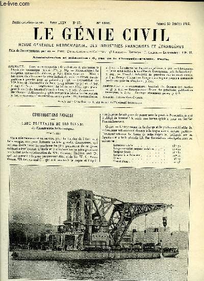 Le gnie civil tome LXXV n 17 - Constructions navales : grue flottante de 250 tonnes de l'Amiraut britannique, Aronautique : la navigation commerciale arienne par Emile Gouault, Mines : les causes d'accidents sur les plans inclins des mines