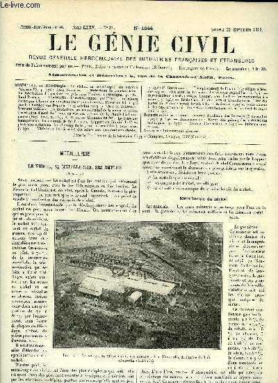 Le gnie civil tome LXXV n 20 - Mtallurgie : le nickel, sa mtallurgie, ses emplois par Lon Guillet, Matriaux de construction : la fabrication des produits en grs pour l'industrie chimique par Paul Razous, Electricit : l'tablissement, par l'Etat