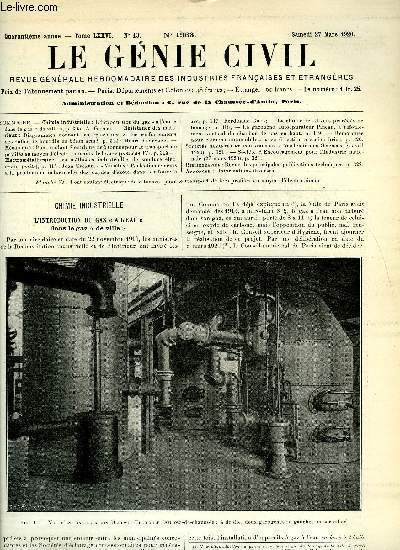 Le gnie civil tome LXXVI n 13 - Chimie industrielle : l'introduction du gaz a l'eau dans le gaz de ville par A. Grebel, Rsistance des matriaux : diagrammes donnant les paisseurs et les renforcements des dalles de hourdis en bton arm par Henri