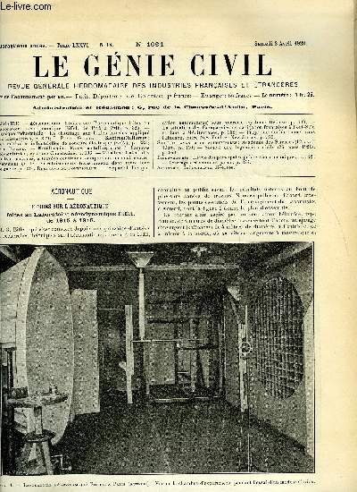 Le gnie civil tome LXXVI n 14 - Aronautique : tudes sur l'aronautique faites au Laboratoire arodynamique Eiffel, de 1915 a 1918, Physique industrielle : le chauffage aux huiles lourdes appliqu aux locomotives par L. Pierre Gudon