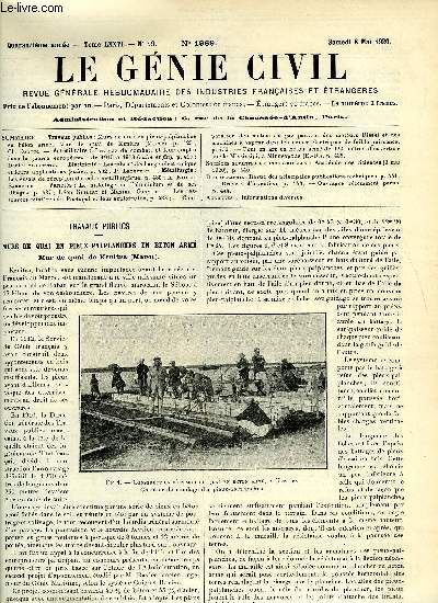 Le gnie civil tome LXXVI n 19 - Travaux publics : murs de quai en pieux palpanches en bton arm, mur de quai de Kenitra par Ch. Dantin, Art militaire : les gaz de combat, et leur emploi dans la guerre europenne de 1915 a 1918 (suite et fin) par Daniel