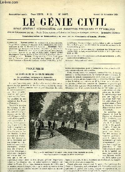 Le gnie civil tome LXXVII n 21 - Travaux publics : le revtement de la route moderne, le problme technique et financier de la restauration des routes franaises par G. Dumont et L. Auscher, Mcanique : etude didactique des transporteurs ariens