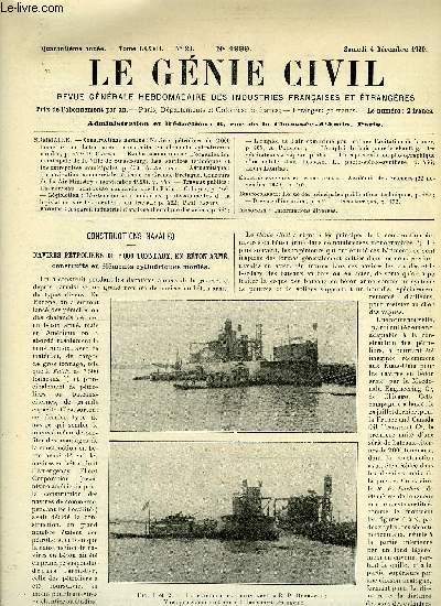 Le gnie civil tome LXXVII n 23 - Constructions navales : navires ptroliers de 2000 tonneaux en bton arm, construits en lments cyclindriques mouls par P. Calfas, Etudes conomiques : l'organisation municipale de la Ville de Strasbourg, les services