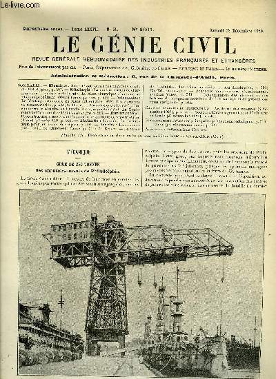 Le gnie civil tome LXXVII n 25 - Mcanique : grue de 350 tonnes des chantiers navals de Philadelphie, Mtallurgie : la consommation de charbon dans la grosse mtallurgie, le bilan thermique d'une acirie Thomas produisant 300 000 tonnes par an