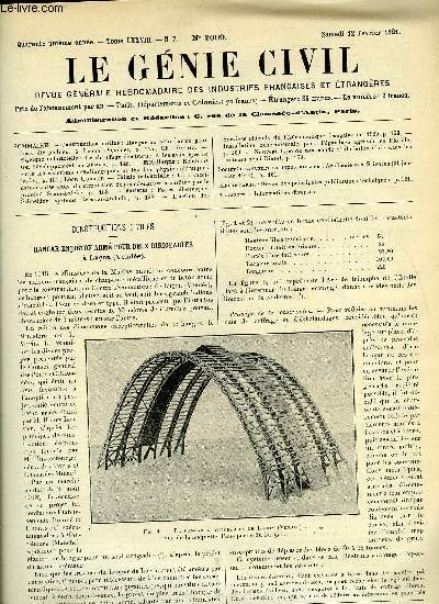 Le gnie civil tome LXXVIII n 7 - Constructions civiles : Hangar en bton arm pour deux dirigeables a Luon par Ch. Dantin, Physique industrielle : le chauffage lectrique et les avantages de son dveloppement en France, Mtallurgie : relations