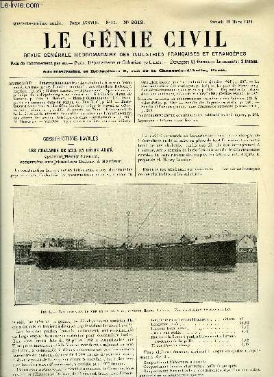 Le gnie civil tome LXXVIII n 11 - Constructions navales : les chalands de mer en bton arm, systme Henry Lossier, construits aux chantiers Dufour a Harfleur par Robert Sauser, Hydraulique : application principe du dispatching au service