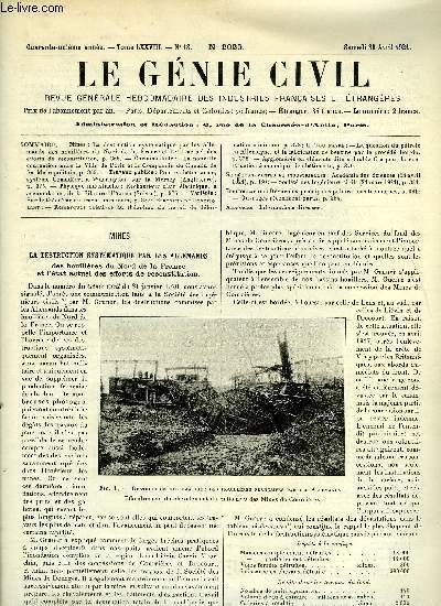 Le gnie civil tome LXXVIII n 18 - Mines : la destruction systmatique par les Allemands des houillres du Nord de la france et l'tat actuel des efforts de reconstitution, Chemins de fer : la nouvelle convention entre la Ville de Paris et la Compagnie