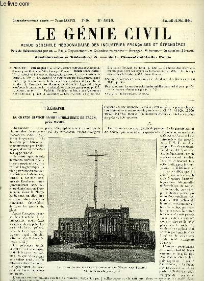 Le gnie civil tome LXXVIII n 20 - Tlgraphie : la grande station radiotlgraphique de Nauen, prs Berlin par Georges Viard, Chimie industrielle : l'tat actuel et l'avenir de l'industrie gazire, La rcupration du benzol, Art naval