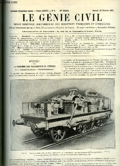 Le gnie civil tome LXXXVI n 9 - Le problme des changements de vitesses, Le transformateur Constantinesco par Fernand Collin, L'entretien des ponts mtalliques franchissant des voies ferres a grande frquentation par H.A. De Conty, L'amnagement