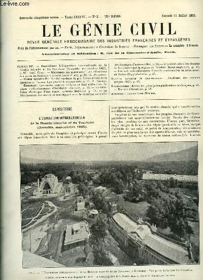 Le gnie civil tome LXXXVII n 2 - L'exposition internationale de la Houille blanche et du Tourisme par Paul Carle, Les vibrations des roues de turbines a vapeur (suite et fin) par G. Delanghe, Le dbenzolage du gaz, l'tat actuel de la question en France