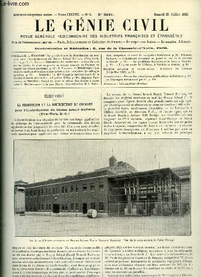 Le gnie civil tome LXXXVII n 4 - La production et la distribution du courant pour l'lectrification du Staten Island Railway par L. Malo, Action du vent sur un tablier de pont suspendu en tenant compte de l'action de rappel des cables porteurs par E.