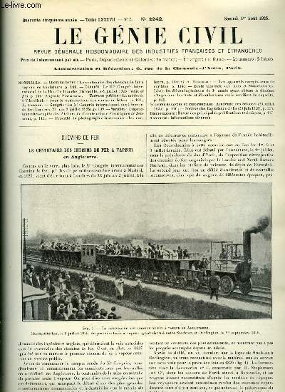 Le gnie civil tome LXXXVII n 5 - Le centenaire des chemins de fer a vapeur en Angleterre, Le IIIe congrs international de la houille blanche par Auguste Pawlowski, La mthode Vibrolithie pour la construction des routes en bton par A. Antoine, Le Xe