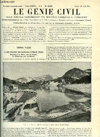 Le gnie civil tome LXXXVII n 9 - La construction des barrages voutes en Suisse, Barrages de Broc, sur la Jogne, et d'Amsteg sur la Reuss par H.E. Gruner, La reconstituion des charbonnages du Nord et du Pas de Calais, les progrs techniques raliss