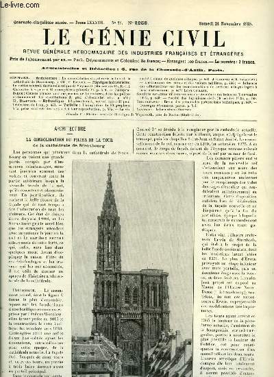 Le gnie civil tome LXXXVII n 21 - La consolidation du pilier de la tour de la cathdrale de Strasbourg par C. Dauchy, La station centrale thermo lectrique de Weymouth, Chaudire a vapeur a 84 atmosphres, Clauses pnales pour suspension de fournitures
