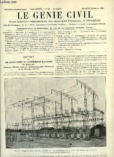 Le gnie civil tome LXXXVII n 22 - Les grands postes de transformation lectrique en plein air, postes a 150 000 volts de Lannemezan et de Chevilly par J. Planteau, Le XIXe salon de l'automobile a Londres par G. Delanghe, Pont en arc de 195 mtres