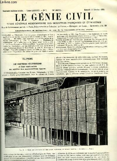 Le gnie civil tome LXXXVIII n 7 - Les compteurs tlphoniques et leur application au service des conversations taxes par Lucien Fournier, Les nouveaux navires de combat de la marine britannique par F. Choupaut, La pathologie du bton arm par Henry