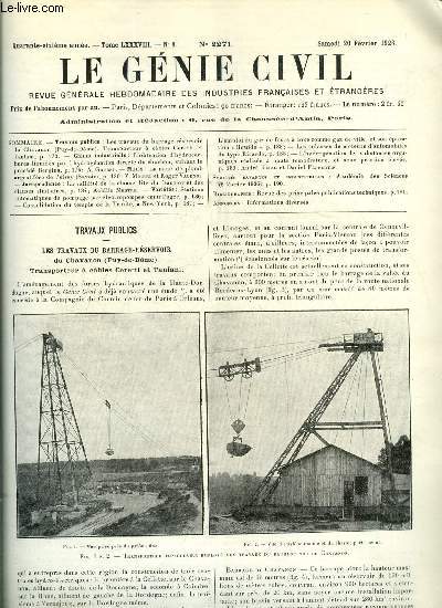 Le gnie civil tome LXXXVIII n 8 - Les travaux du barrage rservoir du Chavanon, transporteur a cables Ceretti et Tanfani, L'obtention d'hydrocarbures liquides par l'hydrognation directe du charbon, suivant le procd Bergius par A. Grebel, La mine