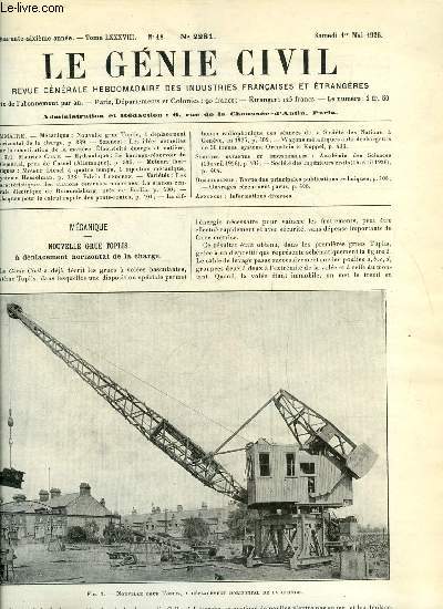 Le gnie civil tome LXXXVIII n 18 - Nouvelle grue Toplis, a dplacement horizontal de la charge, Les ides actuelles sur la constitution de la matire, lectricit, nergie et matire par Maurice Curie, Le barrage rservoir du Diemeltal prs de Cassel