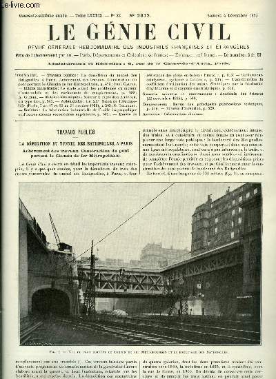 Le gnie civil tome LXXXIX n 23 - La dmolition du tunnel des batignolles a Paris, achvement des travaux, construction du pont portant le chemin de fer Mtropolitain par Paul Calfas, Le stade actuel des problmes du moteur d'automobile et des carburants