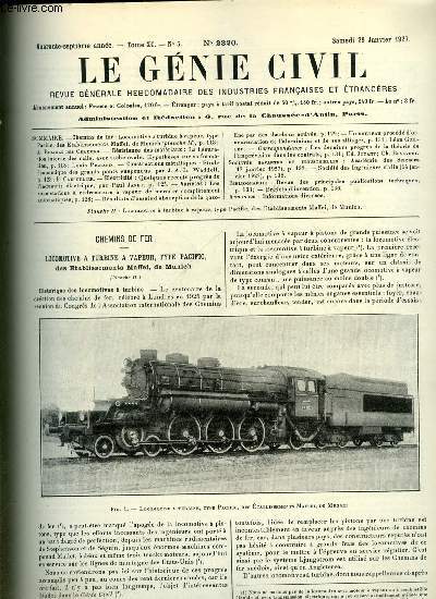 Le gnie civil tome XC n 5 - Locomotive a turbine a vapeur, type Pacific des Etablissements Maffei de Munich par A. Bidault des Chaumes, La fissuration interne des rails, avec tache ovale, hypothse sur sa formulation par Louis Pichard, Etude conomique