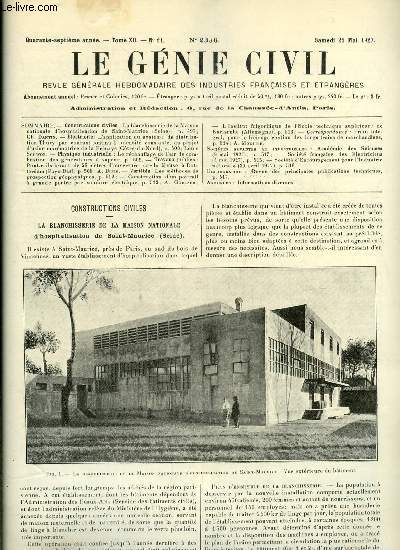 Le gnie civil tome XC n 21 - La blanchisserie de la maison nationale d'hospitalisation de Saint Maurice par Ch. Dantin, L'application du systme de distribution Thury par courant continu a intensit constante au projet d'usine marmotrice de la Frnaye